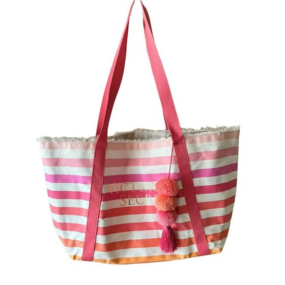 Victoria's Secret Handbags - NWOT VICTORIA'S SECRET LARGE TOTE BAG PINK STRIPED COTTON CANVAS POM POMS